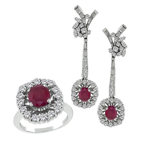 Oval Cut Ruby Round Baguette and Marquise Cut Diamond 14k White Gold Ring and Earrings Set