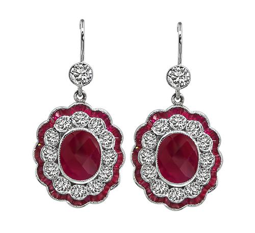 Checkerboard and French Cut Ruby Round Cut Diamond 18k White Gold Earrings