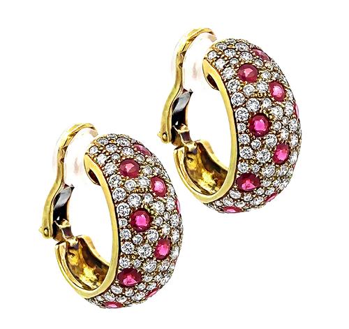 Round Cut Diamond and Ruby 18k Yellow Gold Earrings