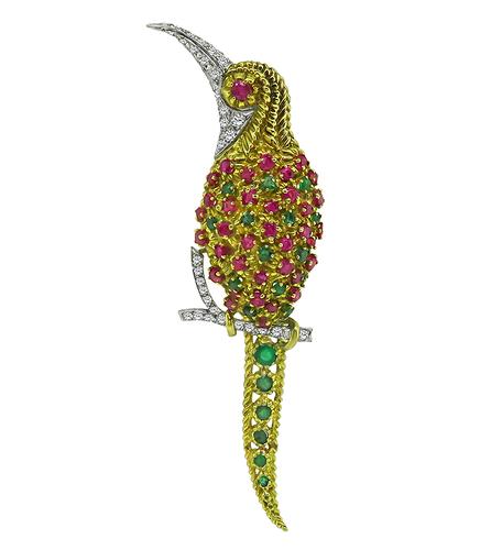 Round Cut Diamond Emerald and Ruby 18k Yellow and White Gold Bird Pin