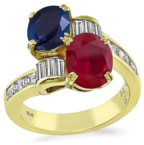 Oval Cut Ruby and Sapphire Baguette and Carre Cut Diamond 18k Yellow Gold Ring