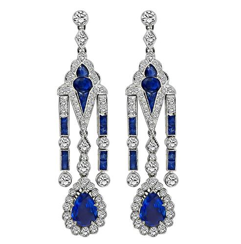 Pear Oval Trilliant and Square French Cut Sapphire Round Cut Diamond 18k White Gold Chandelier Earrings