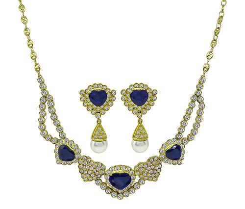 Heart Shape Sapphire Round Cut Diamond Pearl 18k Yellow Gold Earrings and Necklace Set