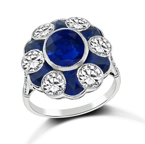 Oval and Modified Fan Shape Sapphire Round Cut Diamond 18k White Gold Ring