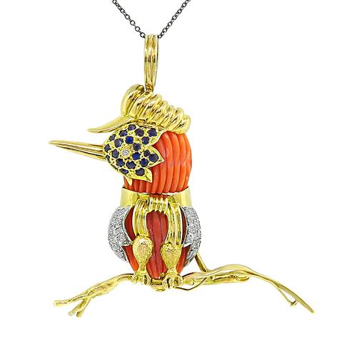 Round Cut Diamond and Sapphire Carved Coral 14k Yellow Gold Bird Pendant