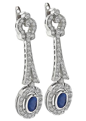 Oval Cut Sapphire Round Cut Diamond 14k White Gold Earrings