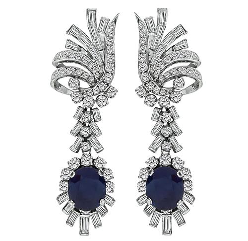 Cushion Cut Sapphire Baguette and Round Cut Diamond 14k White Gold Dangling Earrings