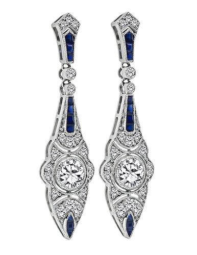 Round Cut Diamond Sapphire 14k White Gold Earrings