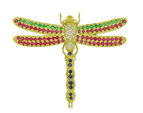 Round Cut Diamond and Precious Stone 18k Yellow Gold Dragonfly Pin 