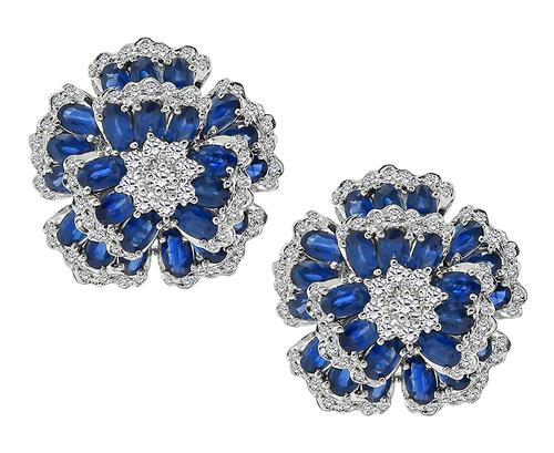 Round Cut Diamond Oval Cut Sapphire 18k White Gold Flower Earrings