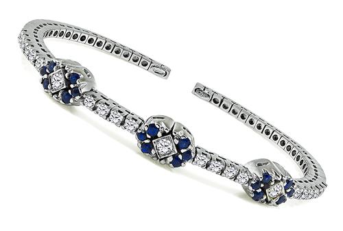 Round Cut Diamond and Sapphire 18k White Gold Bangle