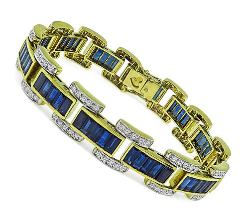 Baguette Cut Sapphire Round Cut Diamond 18k Yellow and White Gold Bracelet
