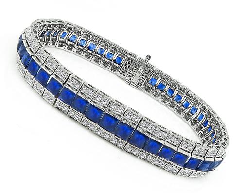 Vintage French Cut Sapphire Round Cut Diamond 18k White Gold Bracelet