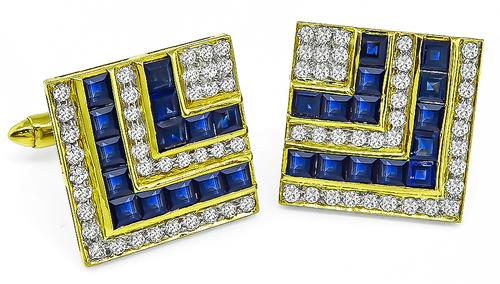 Square Cut Sapphire Round Cut Diamond 18k Yellow Gold Cufflinks