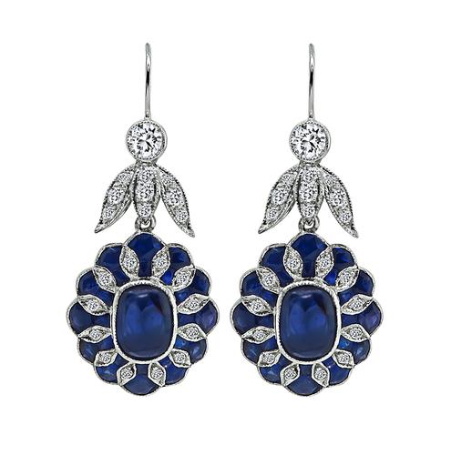 Cabochon Fan and French Cut Sapphire Round Cut Diamond 18k White Gold Earrings