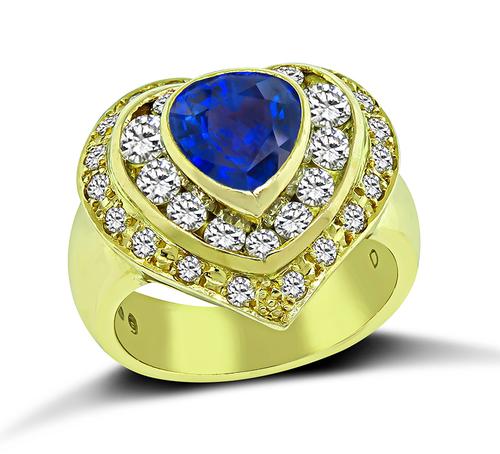 Pear Shape Sapphire Round Cut Diamond 18k Yellow Gold Ring