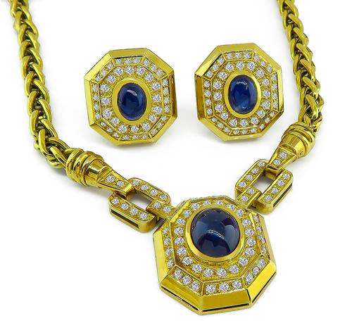 Cabochon Sapphire Round Cut Diamond 18k Yellow Gold Necklace and Earrings Set
