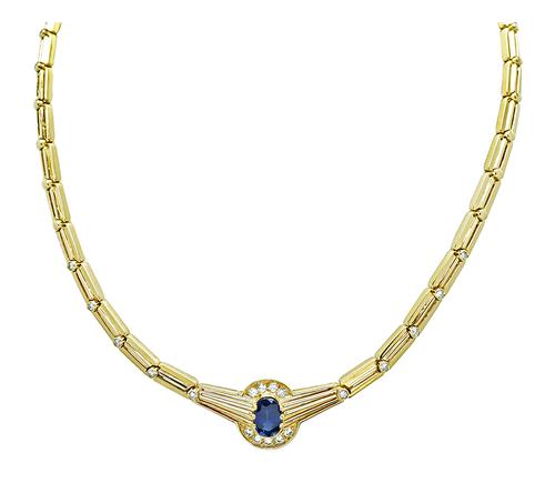 Oval Cut Sapphire Round Cut Diamond 18k Yellow Gold Necklace