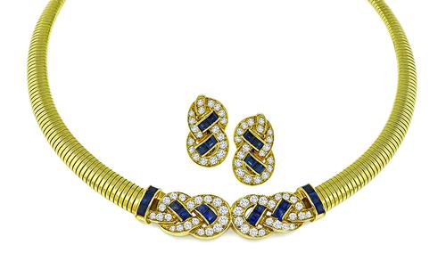 Round Cut Diamond Square Cut Sapphire 18k Yellow Gold Jewelry Set by Hennell