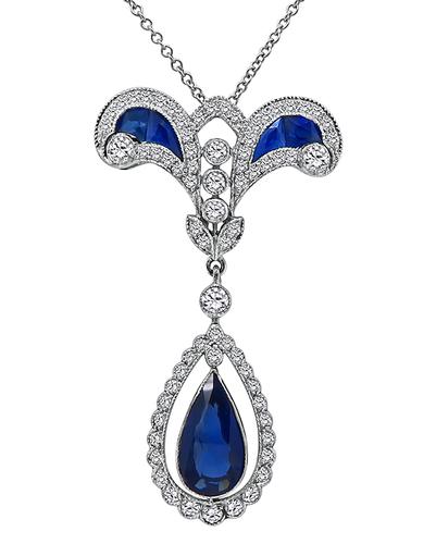 Pear and Modified Cut Sapphire Round Cut Diamond 18k White Gold Pendant Necklace