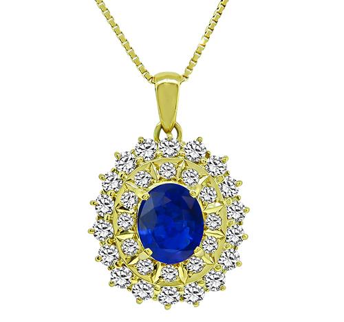 Oval Cut Sapphire Round Cut Diamond 18k Yellow Gold Pendant Necklace