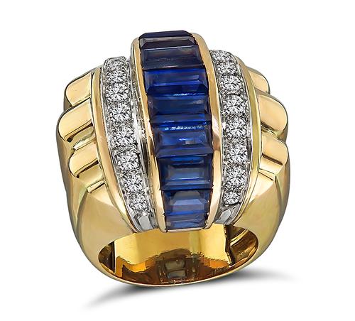 1940s Baguette Cut Sapphire Round Cut Diamond 18k Yellow and White Gold Ring