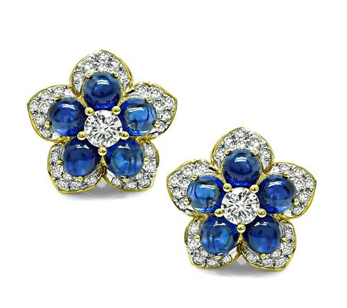 Cabochon Sapphire Round Cut Diamond 18k Yellow and White Gold Earrings