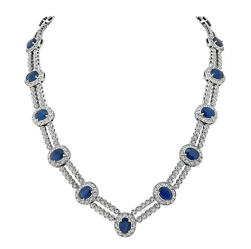 Oval Cut Sapphire Round Cut Diamond 14k White Gold Necklace