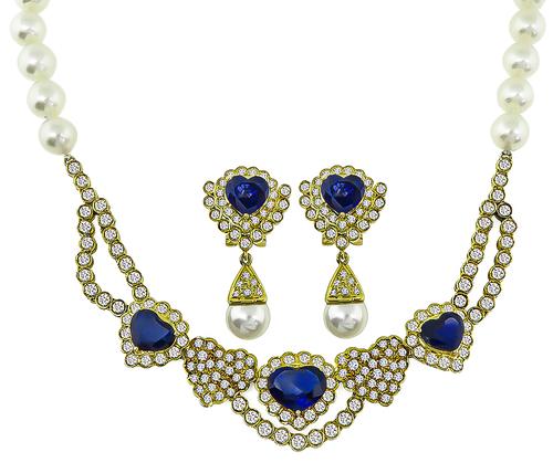 Heart Shape Sapphire Round Cut Diamond Pearl 18k Yellow Gold Earrings and Necklace Set