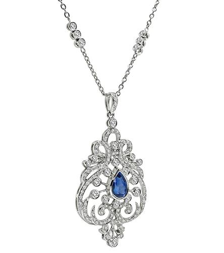 Pear Shape Sapphire Round Cut Diamond 18k White Gold Pendant Necklace