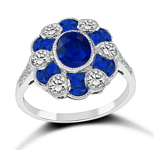 Oval and French Cut Sapphire Round Cut Diamond 18k White Gold Ring