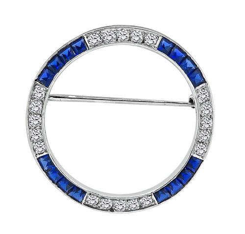 Round Cut Diamond Square Cut Sapphire 14k White Gold Round Pin