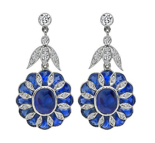 Sugarloaf and Fan Shape French Cut Sapphire Round Cut Diamond 18k White Gold Earrings