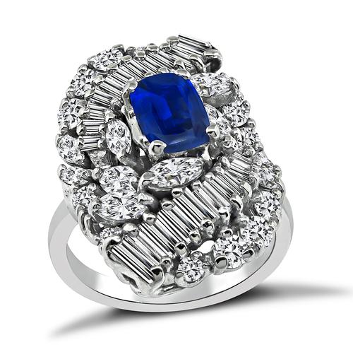 Cushion Cut Sapphire Baguette Marquise and Round Cut Diamond 14k White Gold Ring