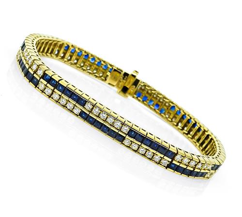 Estate Square Cut Sapphire Round Cut Diamond 18k Yellow Gold Bracelet