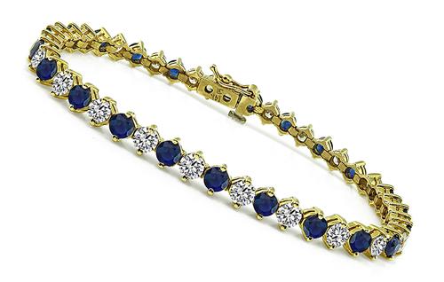 Round Cut Diamond and Sapphire 14k Yellow Gold Bracelet