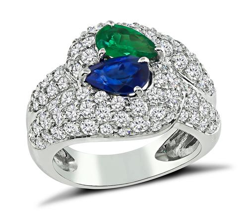 Round Cut Diamond Pear Shape Sapphire and Emerald 18k White Gold Ring