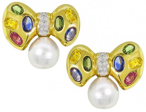 Pearl Oval Cut Pink Blue Yellow and Green Sapphire Diamond 18k Yellow Gold Bow Earrings