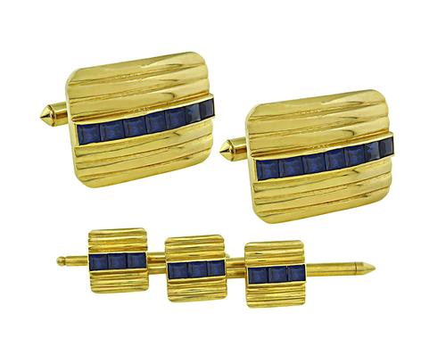 1960s Square Cut Sapphire 14k Yellow Gold Cufflinks and Stud Set