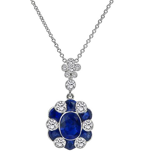 Oval and French Cut Sapphire Round Cut Diamond 18k White Gold Pendant Necklace