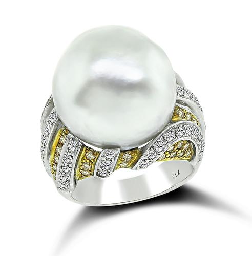 South Sea Pearl Round Cut White and Fancy Light Brown Diamond 18k Yellow and White Gold Ring