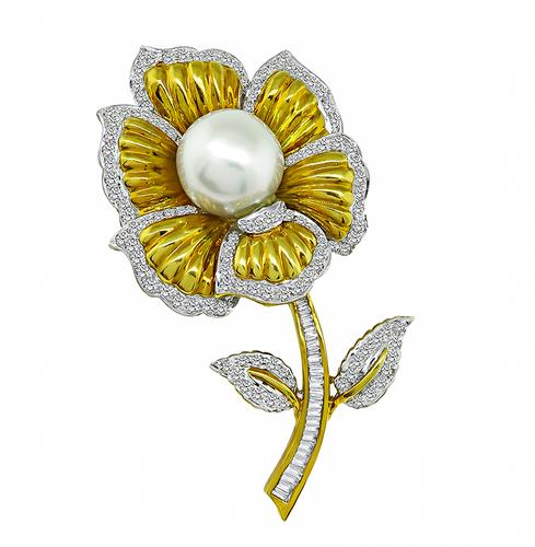 Round and Baguette Cut Diamond South Sea Pearl 18k Yellow and White Gold Flower Pin