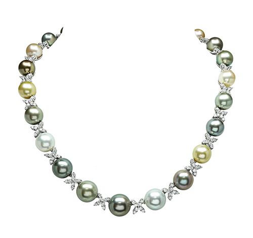 Round Cut Diamond South Sea Pearl 18k White Gold Necklace