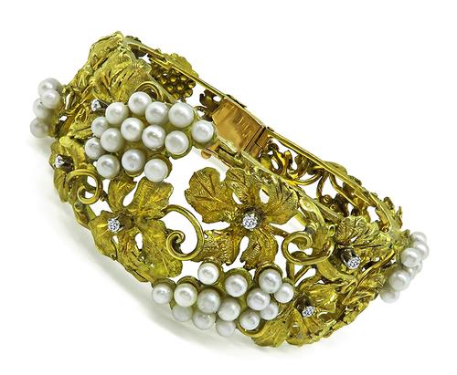 18k Yellow Gold Diamond Pearl Spitzer and Furman Bracelet