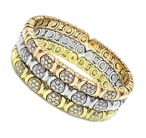 Round Cut Diamond 18k Pink Yellow and White Gold Bangle Set