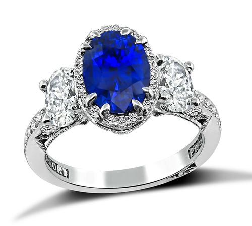 Oval Cut Sapphire Oval and Round Cut Diamond Platinum Engagement Ring by Tacori