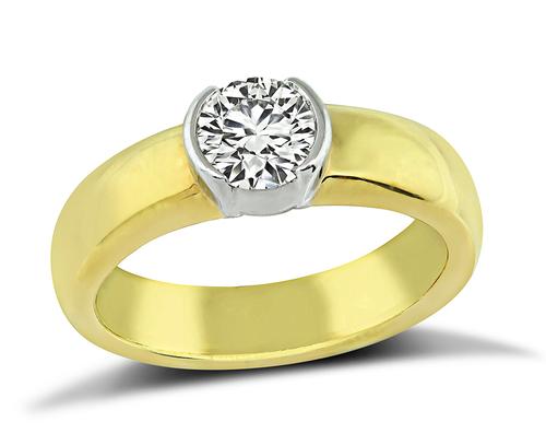Round Brilliant Cut Diamond 18k Yellow Gold and Platinum Solitaire Engagement Ring by Tiffany & Co