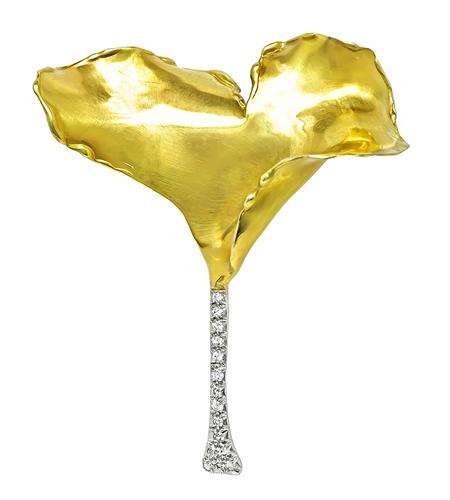 Round Cut Diamond 18k Yellow Gold and Platinum Flower Pin by Tiffany & Co