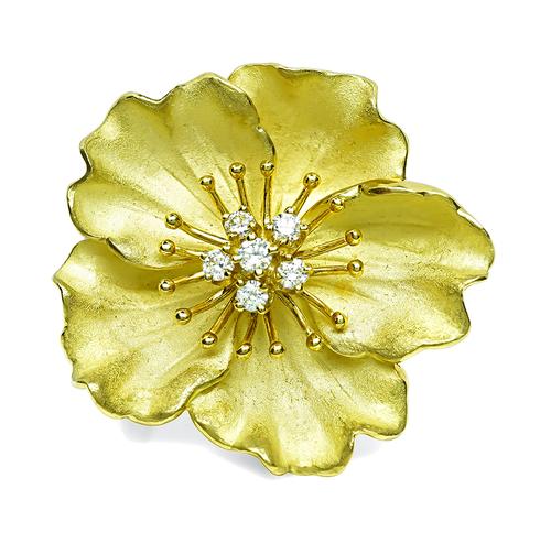 Round Cut Diamond 18k Yellow Gold Flower Pin by Tiffany & Co