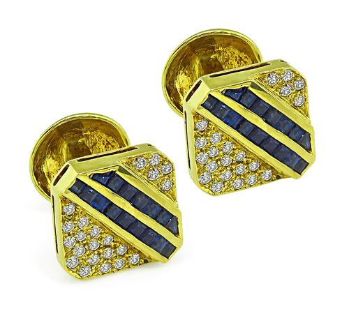 Round Cut Diamond Square Cut Sapphire 18k Yellow Gold Cufflinks by Tiffany & Co